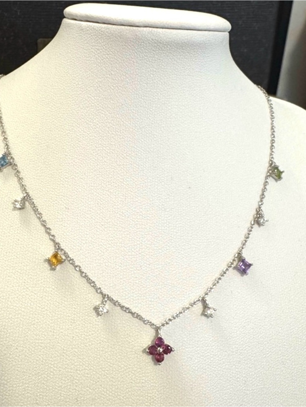 925 Tourmaline necklace station multicolour purple pink silver clover flower
